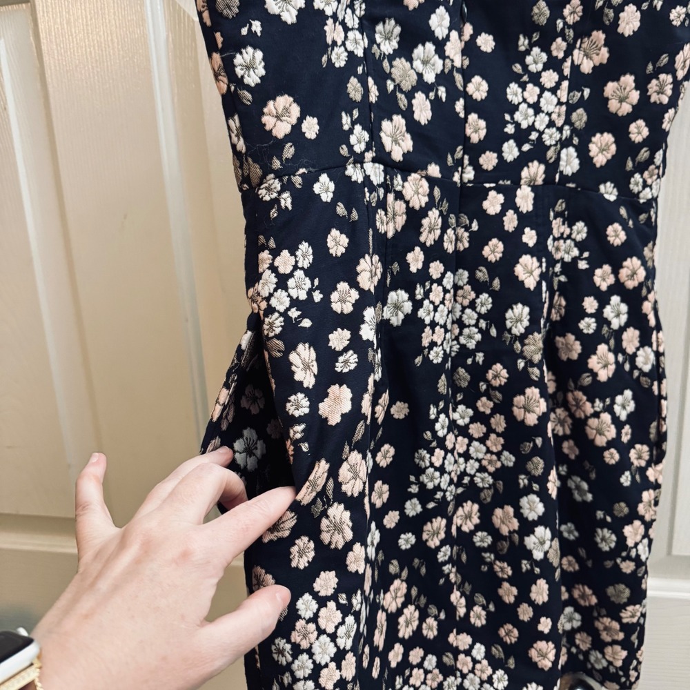 Maeve Anthropologie Floral Jacquard Mini Dress Navy Pink Gold Square Neck Size 6 - Picture 8 of 10